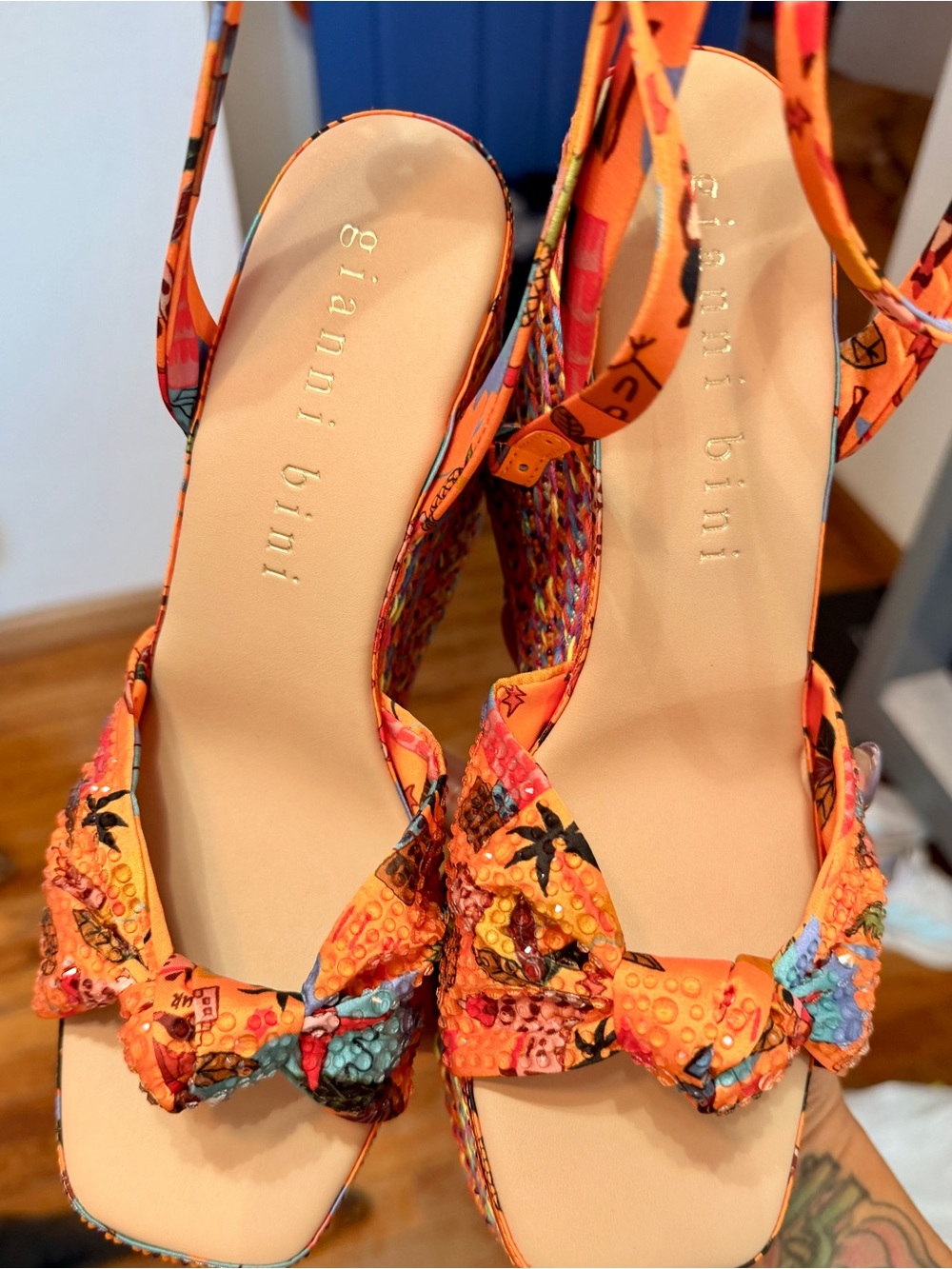 Gianni Bini Orange Multicolor Knotted Beaded Wedge Sandals - Picture 5 of 6